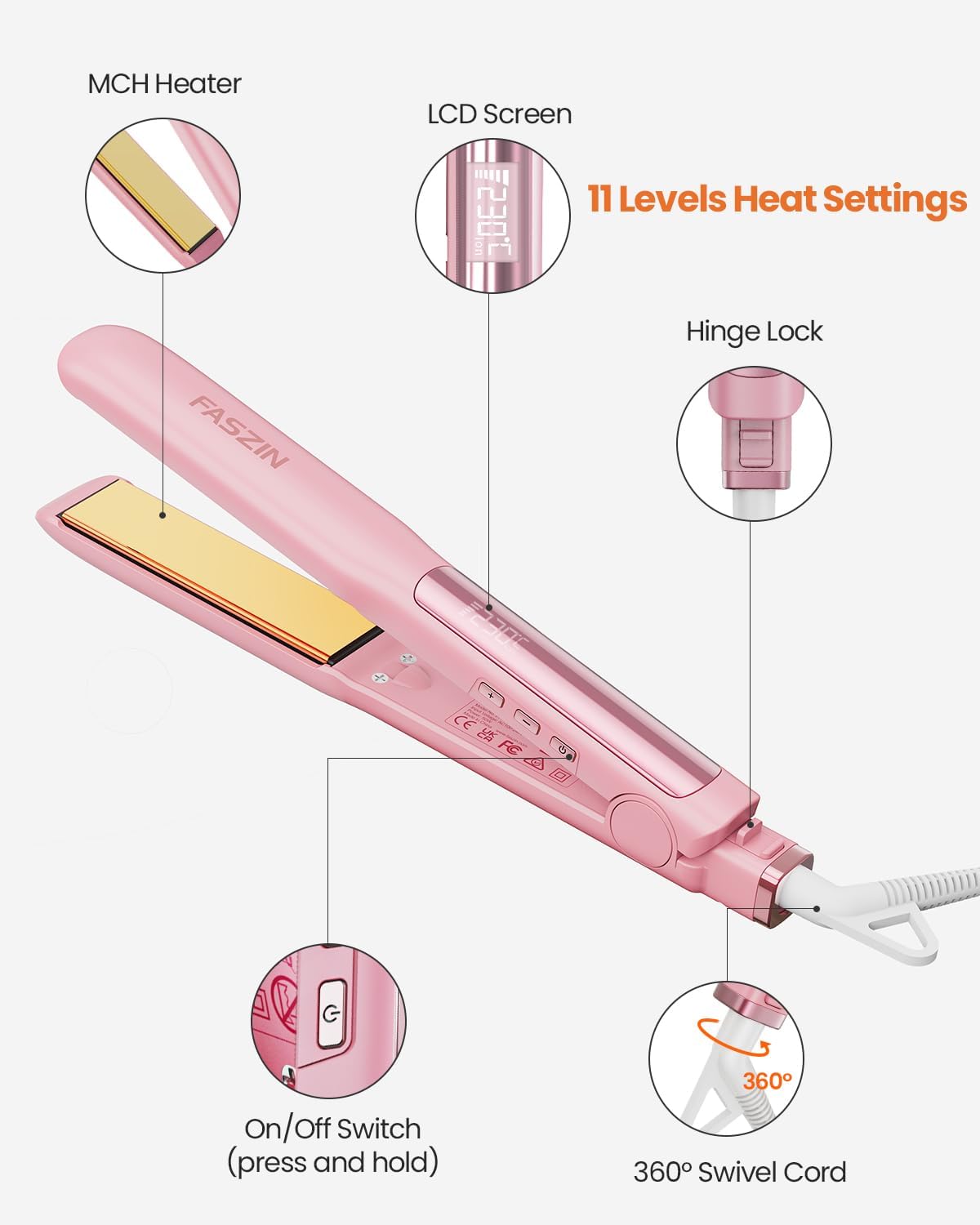 Faszin Hair Straighteners, Ionic Titanium Plate for Smooth Shiny Results, 20S Fast Heat Up Flat Iron, Clear LCD Display (Pink)