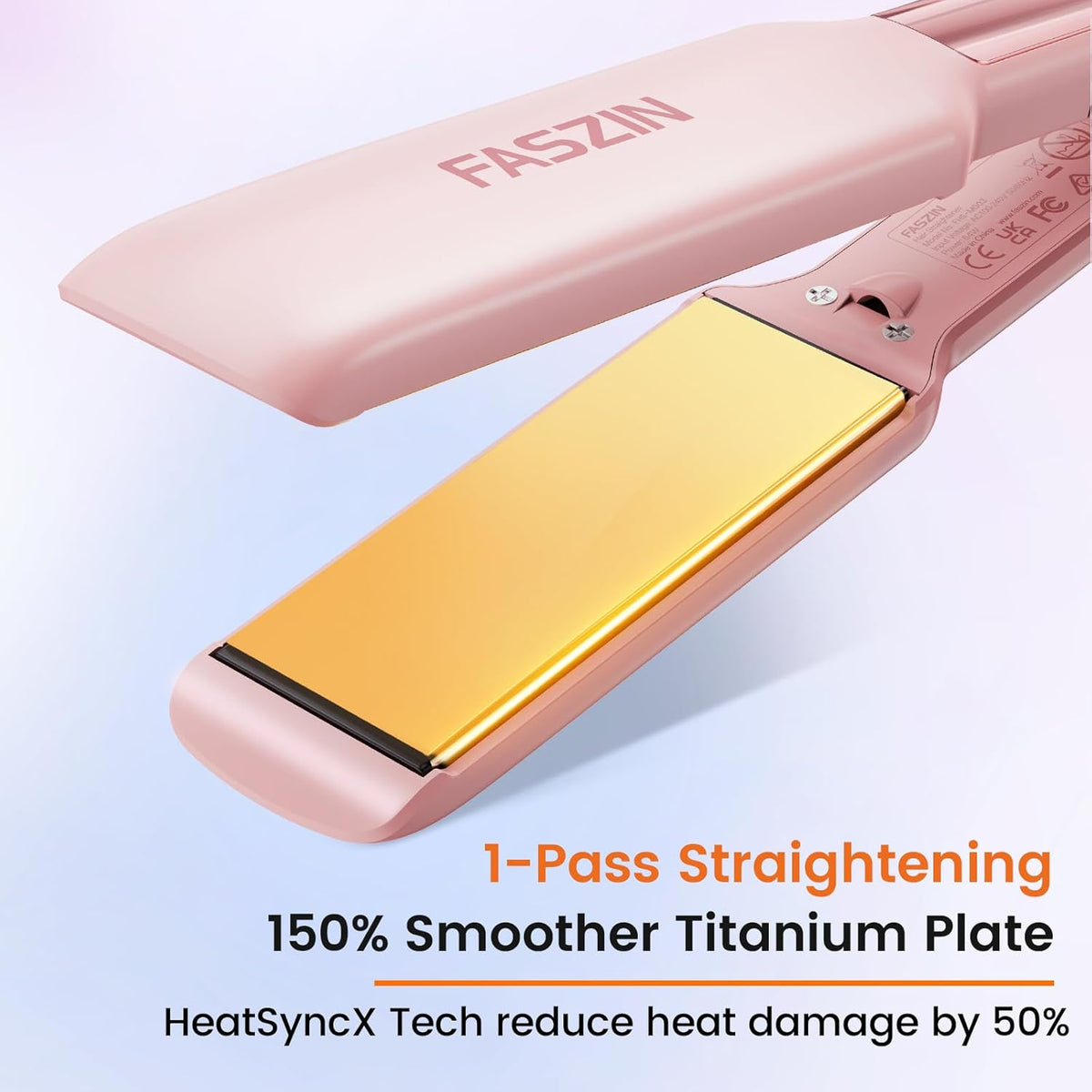 Faszin Professional Hair Straightener 42 mm Wide Titanium Plates with Negative Ions, Fast Heating 30s, Temperature Display, 11 Temperature Levels (130-230 C) - Pink