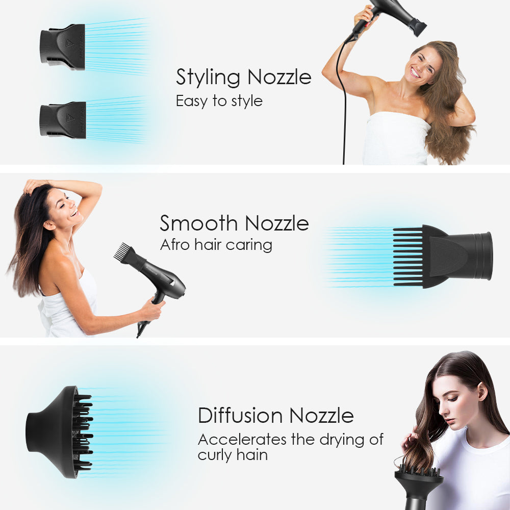 Faszin salon blow dryer with three types of styling nozzle