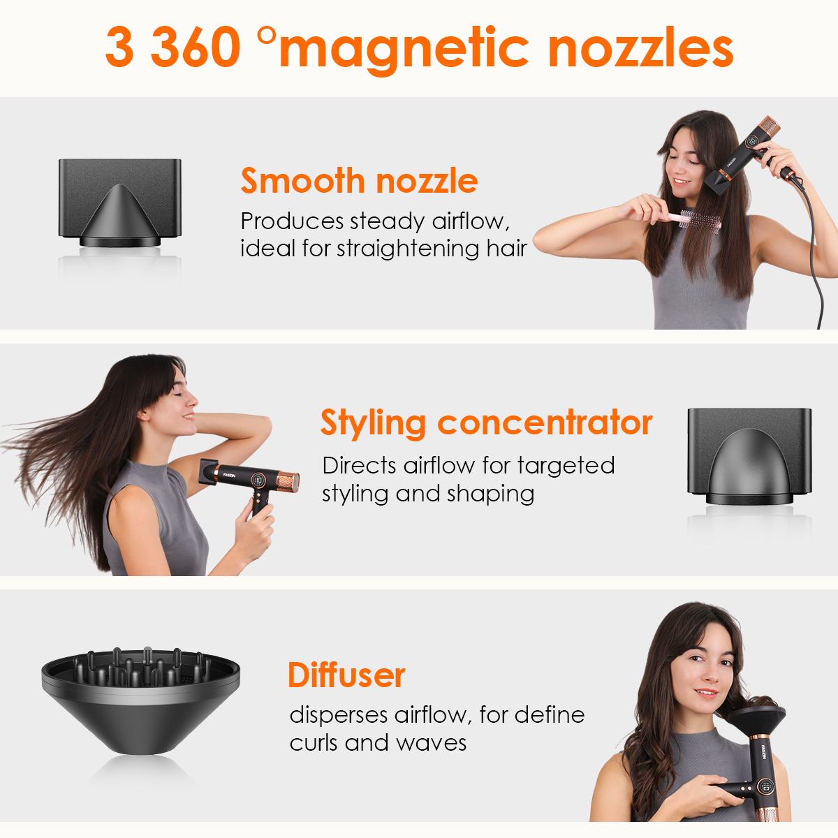 Faszin fast hair dryer with 360 °magnetic nozzles