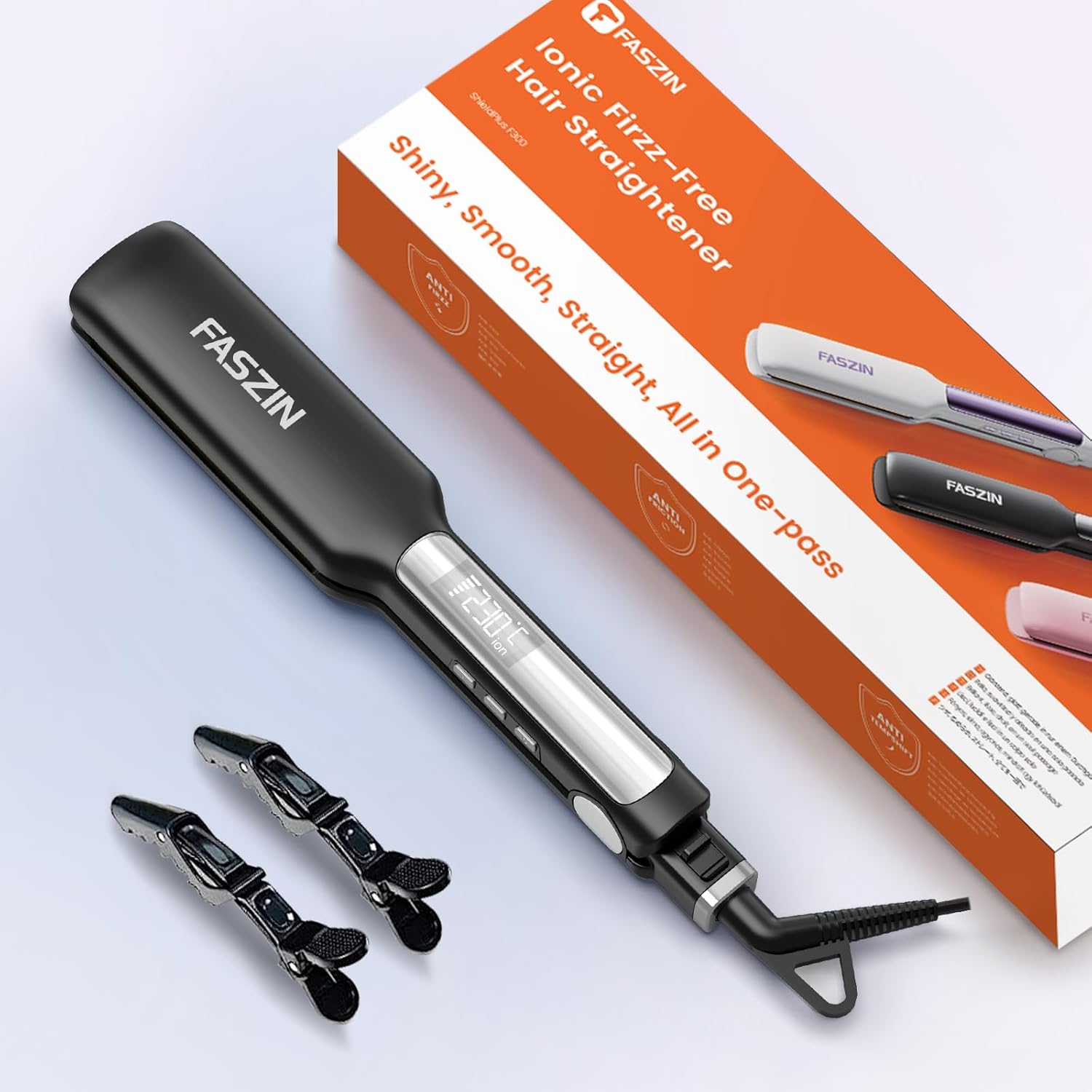 Faszin Professional Hair Straightener, Titanium Plates 42 mm Wide with Negative Ions, Fast Heating 30s, Temperature Display, 11 Temperature Levels (130-230 °C) – Black