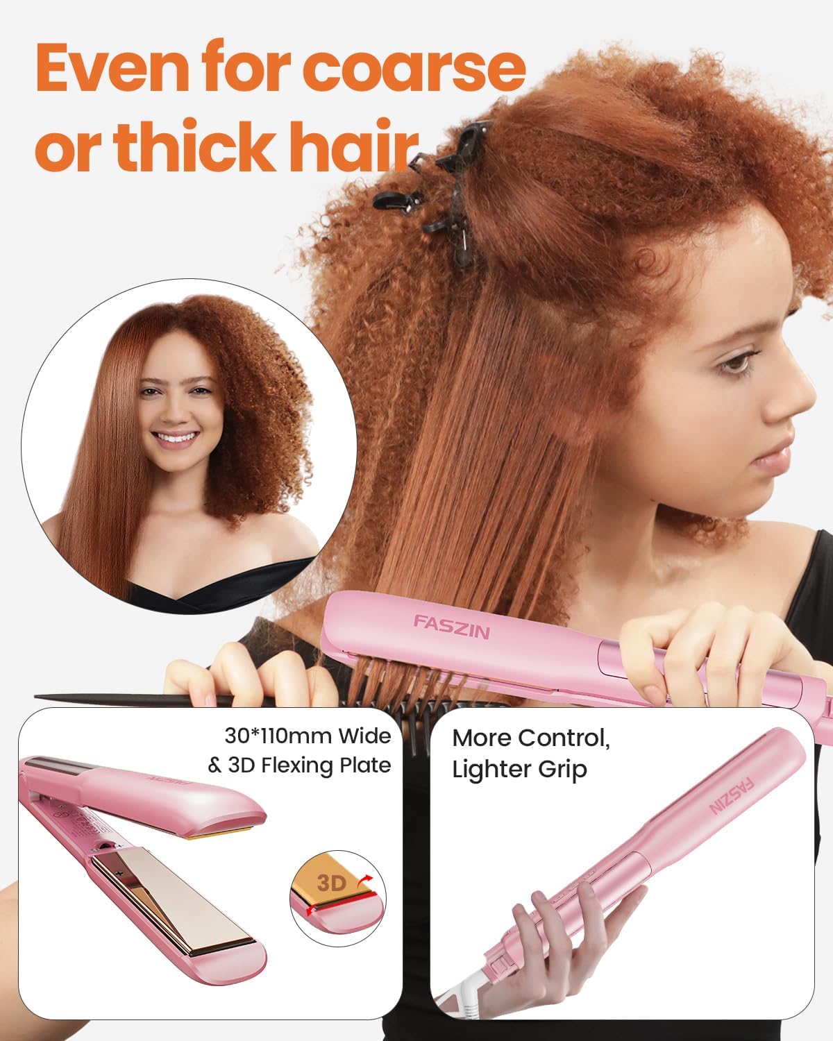 Faszin Hair Straighteners, Ionic Titanium Plate for Smooth Shiny Results, 20S Fast Heat Up Flat Iron, Clear LCD Display (Pink)