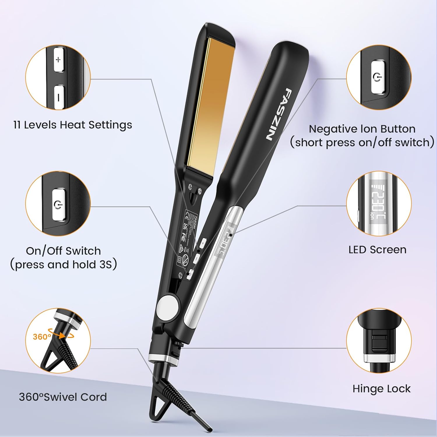 Faszin Professional Hair Straightener, Titanium Plates 42 mm Wide with Negative Ions, Fast Heating 30s, Temperature Display, 11 Temperature Levels (130-230 °C) – Black