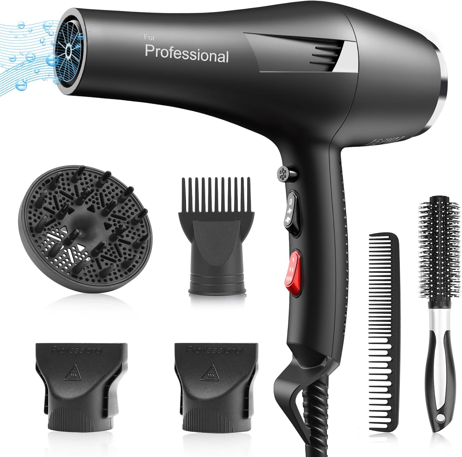 Ionic Salon Hair Dryer, Professional Blow Dryer 2200W AC Motor Fast Drying with Speed, Heat Setting, Cool Button, with Diffuser, Nozzle,