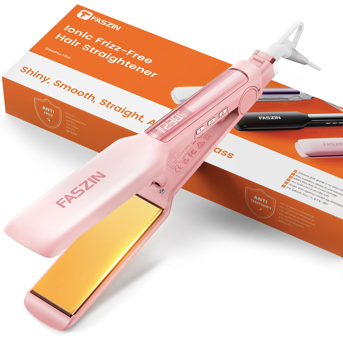 Faszin Professional Hair Straightener, 42mm Wide-Plate Titanium Negative Ion Flat Iron, 30s Rapid Heating, Real-time Temperature Display, 11 Adjustable Temperature Levels (130-230℃) - Pink