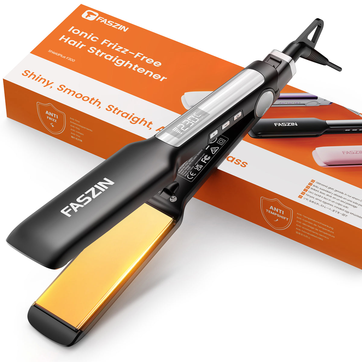 Faszin Professional Straightener, 42 mm Wide Titanium Plates with Negative Ion Function, 30s Fast Heating, Real-time Temperature Display, 11 Adjustable Temperature Levels (130-230℃) - Black