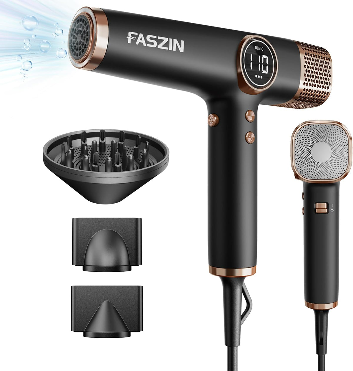 Faszin Professional Hair Dryer – Lightweight Hairdryer with Diffuser, Low Noise, 200 Million Ionic, 110,000 RPM High-Speed Motor for Women & Men, Home or Travel