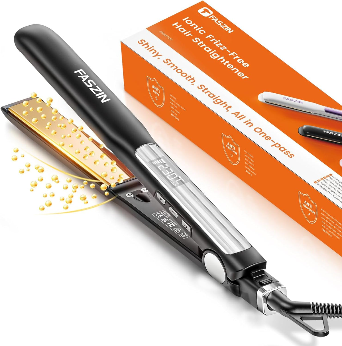 Faszin Piastra Capelli Professionale 2-In-1, Piastre Ioniche di Titanio, Riscaldamento In Soli 20 Secondi, Display LCD Chiaro, Ideale Per Capelli Lisci, Ricci e Mossi (nero profondo)