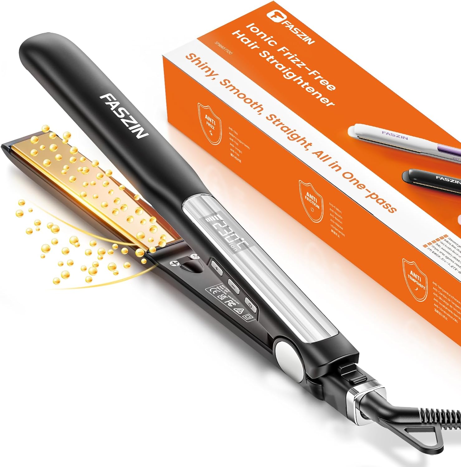 Faszin Piastra Capelli Professionale 2-In-1, Piastre Ioniche di Titanio, Riscaldamento In Soli 20 Secondi, Display LCD Chiaro, Ideale Per Capelli Lisci, Ricci e Mossi (nero profondo)