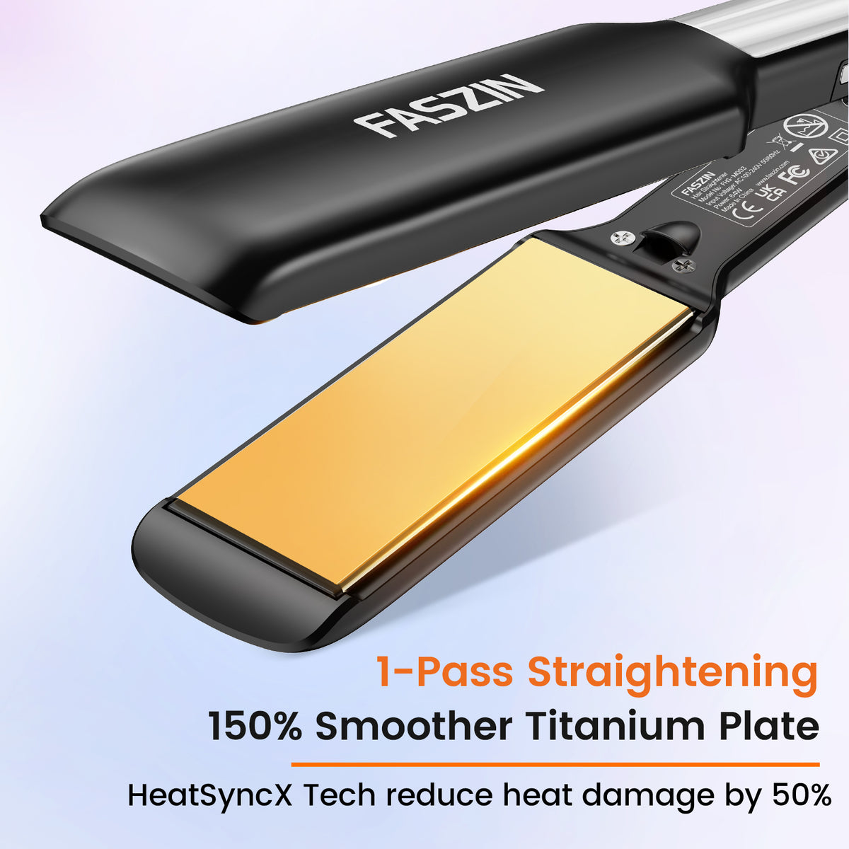Faszin Professional Straightener, 42 mm Wide Titanium Plates with Negative Ion Function, 30s Fast Heating, Real-time Temperature Display, 11 Adjustable Temperature Levels (130-230℃) - Black