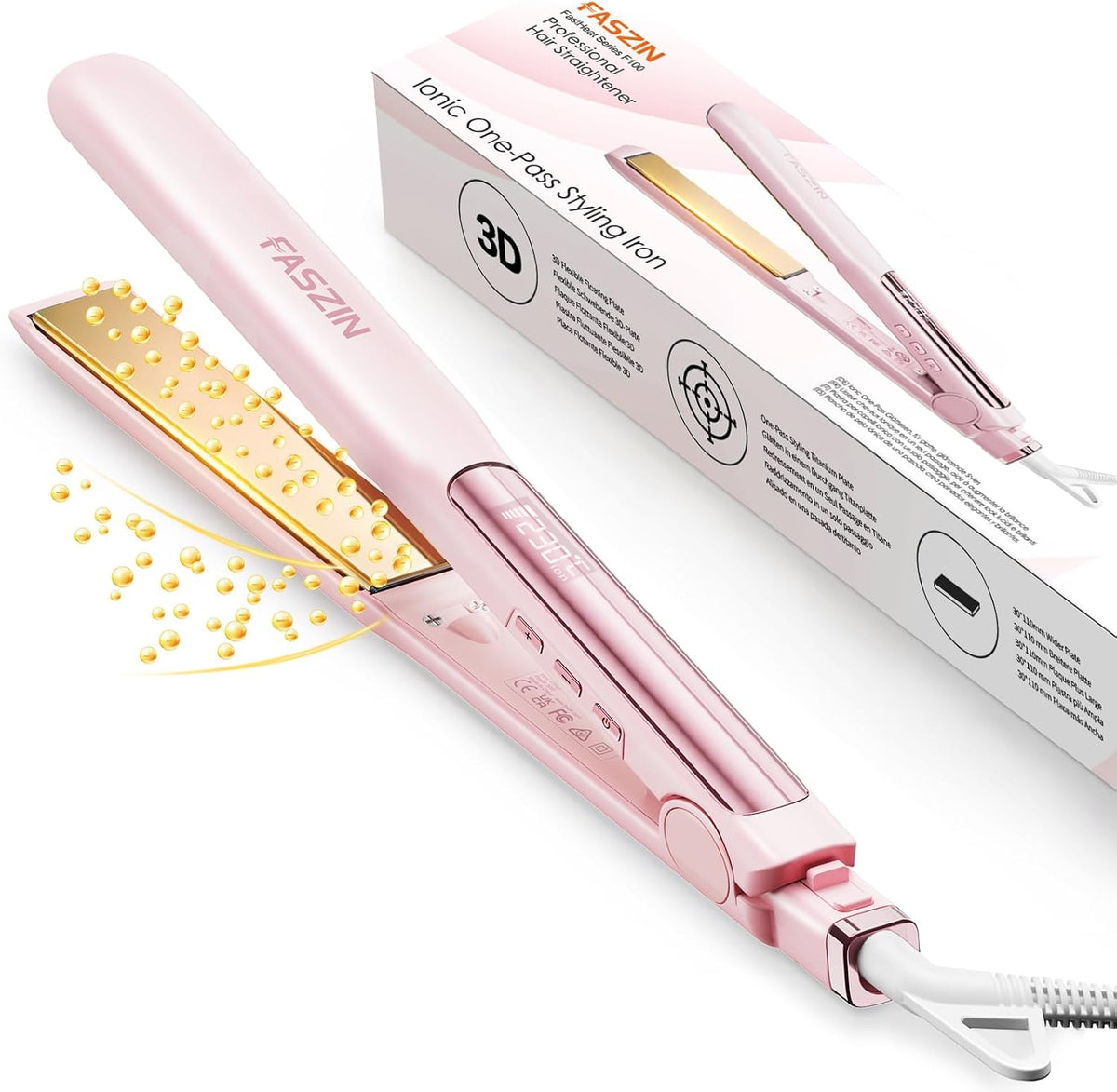 Faszin Piastra Capelli Professionale 2-In-1, Piastre Ioniche di Titanio, Riscaldamento In Soli 20 Secondi, Display LCD Chiaro, Ideale Per Capelli Lisci, Ricci e Mossi, Rosa