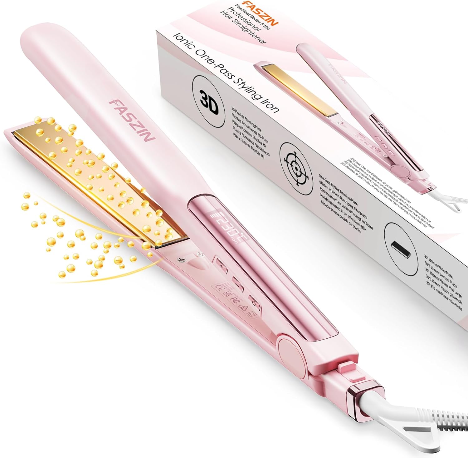 Faszin Piastra Capelli Professionale 2-In-1, Piastre Ioniche di Titanio, Riscaldamento In Soli 20 Secondi, Display LCD Chiaro, Ideale Per Capelli Lisci, Ricci e Mossi, Rosa
