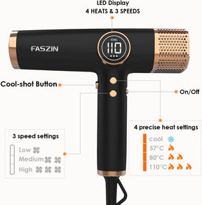 Faszin Professional Hair Dryer – Lightweight Hairdryer with Diffuser, Low Noise, 200 Million Ionic, 110,000 RPM High-Speed Motor for Women & Men, Home or Travel