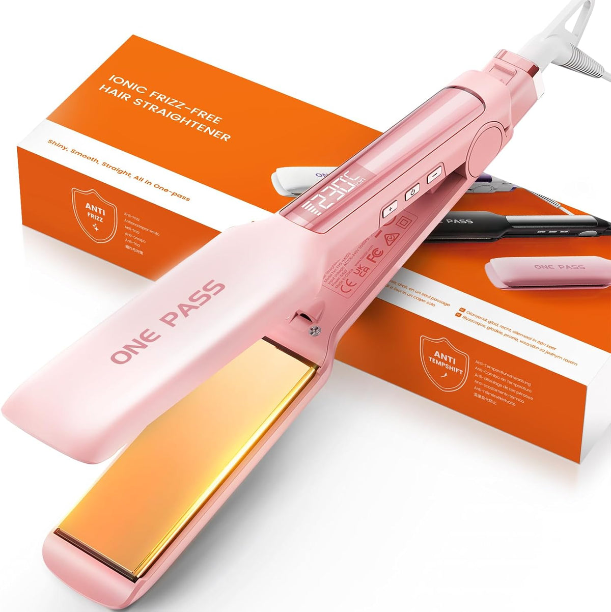 Faszin Professional Hair Straighteners, 42mm Wide Plate Titanium Negative Ion Flat Iron, 30s Rapid Heating, 11 Adjustable Temperature Levels (130-230℃), Real-time Temperature Display-Pink