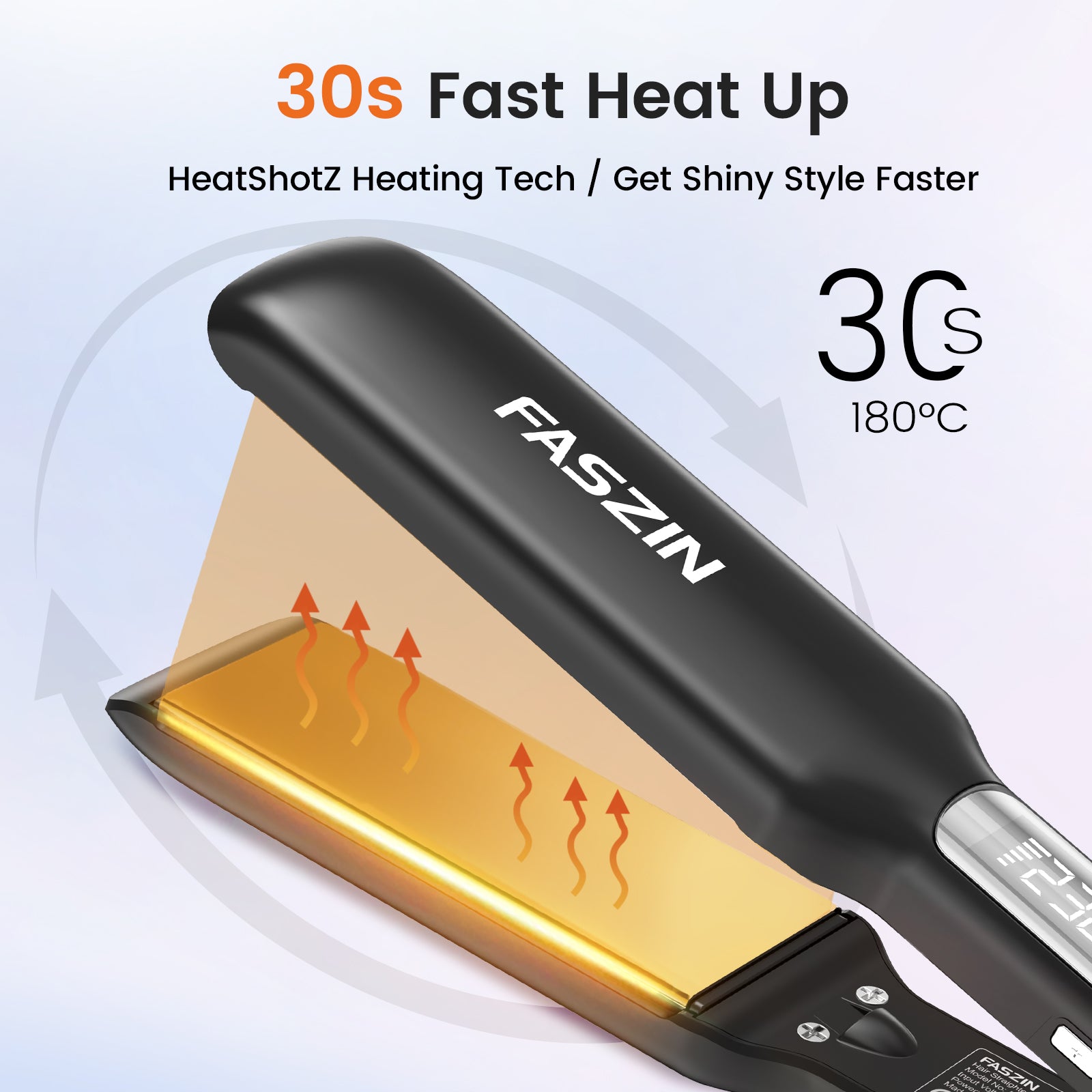 Faszin Professional Straightener, 42 mm Wide Titanium Plates with Negative Ion Function, 30s Fast Heating, Real-time Temperature Display, 11 Adjustable Temperature Levels (130-230℃) - Black