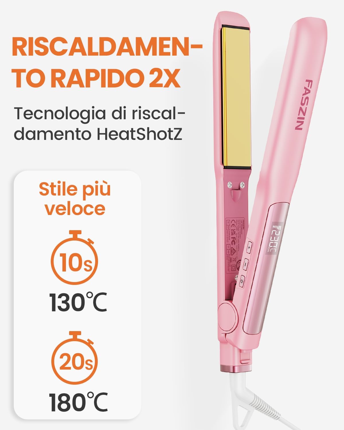 Faszin Piastra Capelli Professionale 2-In-1, Piastre Ioniche di Titanio, Riscaldamento In Soli 20 Secondi, Display LCD Chiaro, Ideale Per Capelli Lisci, Ricci e Mossi, Rosa
