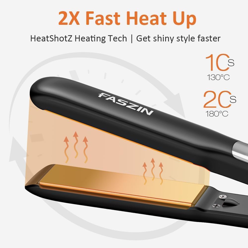 Faszin Piastra Capelli Professionale 2-In-1, Piastre Ioniche di Titanio, Riscaldamento In Soli 20 Secondi, Display LCD Chiaro, Ideale Per Capelli Lisci, Ricci e Mossi (nero profondo)