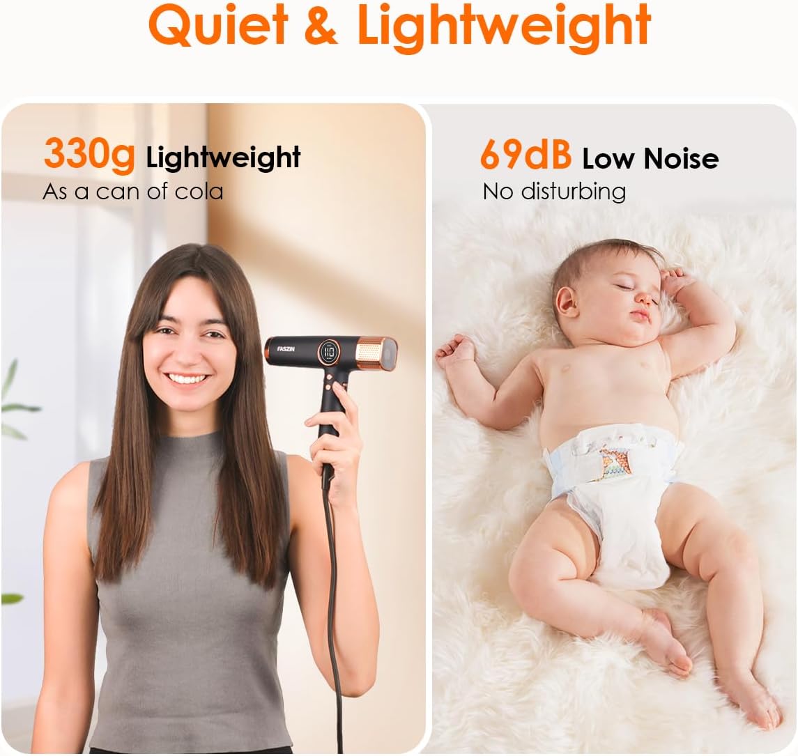 Faszin Professional Hair Dryer – Lightweight Hairdryer with Diffuser, Low Noise, 200 Million Ionic, 110,000 RPM High-Speed Motor for Women & Men, Home or Travel