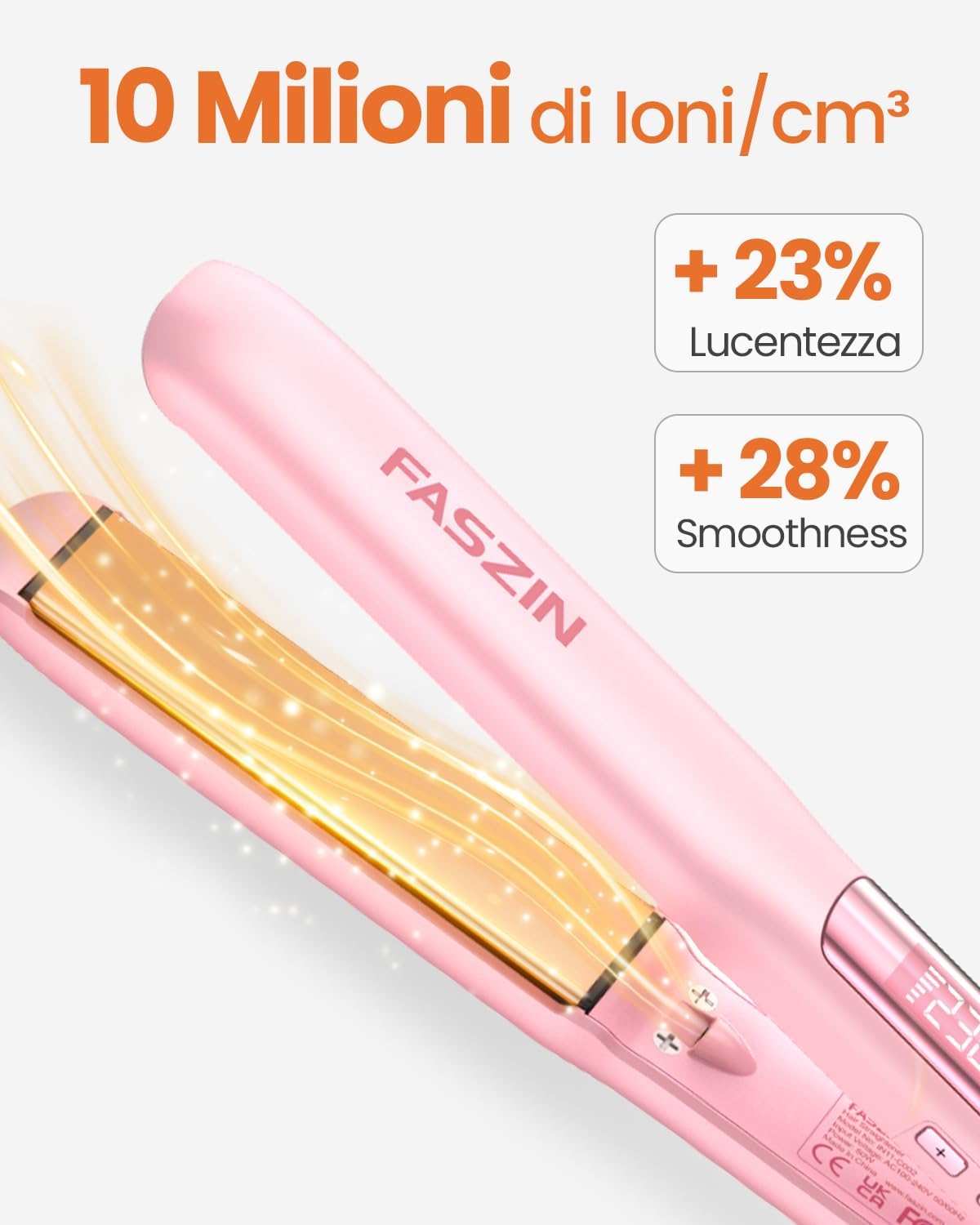 Faszin Piastra Capelli Professionale 2-In-1, Piastre Ioniche di Titanio, Riscaldamento In Soli 20 Secondi, Display LCD Chiaro, Ideale Per Capelli Lisci, Ricci e Mossi, Rosa