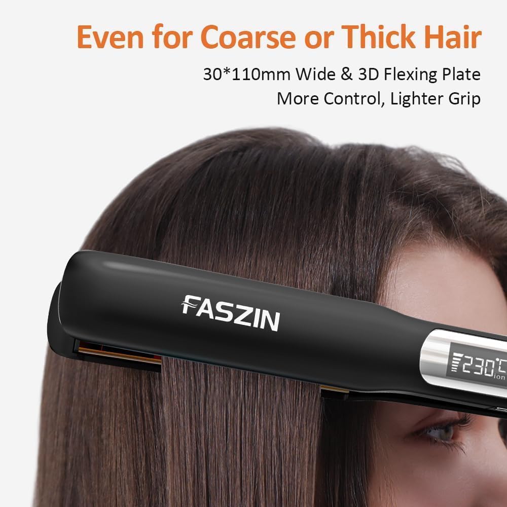 Faszin Piastra Capelli Professionale 2-In-1, Piastre Ioniche di Titanio, Riscaldamento In Soli 20 Secondi, Display LCD Chiaro, Ideale Per Capelli Lisci, Ricci e Mossi (nero profondo)