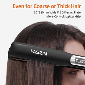 Faszin Piastra Capelli Professionale 2-In-1, Piastre Ioniche di Titanio, Riscaldamento In Soli 20 Secondi, Display LCD Chiaro, Ideale Per Capelli Lisci, Ricci e Mossi (nero profondo)