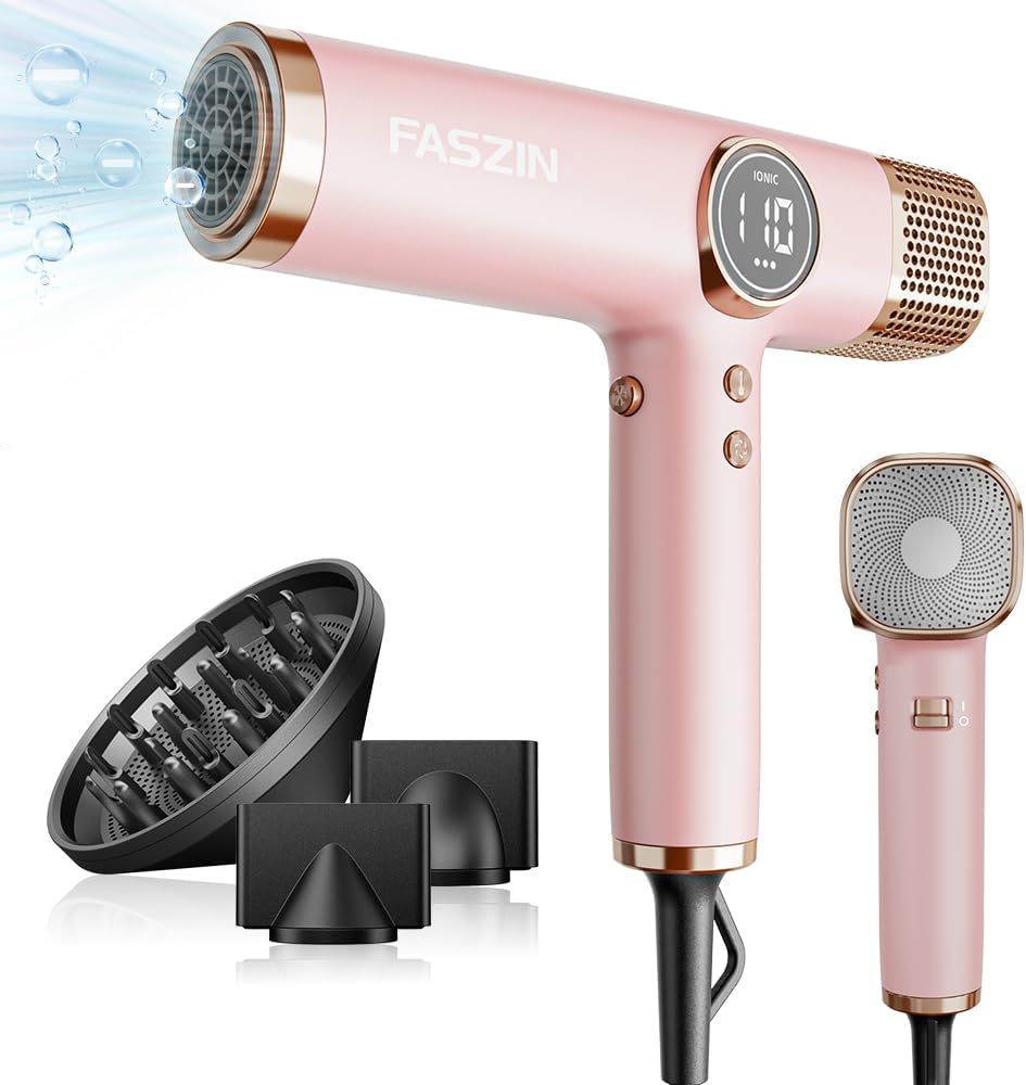 Faszin Hair Dryer, Lightweight Hairdryer with 110,000 RPM High Speed Motor for Fast Drying, 200 Million Ionic Hairdryers for Women & Men, Low Noise Hair Dryers, with 3 Magnetic Nozzle (Pink)