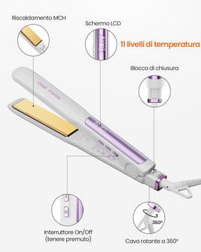 Faszin Professional 2-in-1 Hair Straightener, Titanium Ion Plates, Heating in Just 20 Seconds, Clear LCD Display, Ideal for Straight, Curly and Wavy Hair (White)
