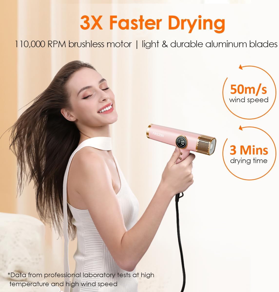 Faszin Hair Dryer, Lightweight Hairdryer with 110,000 RPM High Speed Motor for Fast Drying, 200 Million Ionic Hairdryers for Women & Men, Low Noise Hair Dryers, with 3 Magnetic Nozzle (Pink)