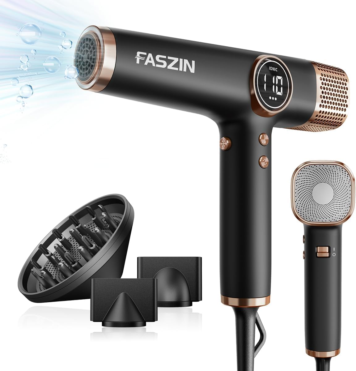 Faszin Hair Dryer, Lightweight Hair Dryer with 110,000 RPM Brushless Motor for Quick Drying, 200 Million Ion Hair Dryer, Low Noise, LED Display, 3 Magnetic Nozzles for Home, Salon (Black)