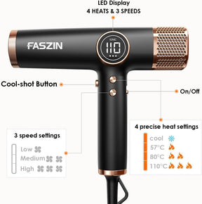 Faszin Hair Dryer, Lightweight Hair Dryer with 110,000 RPM Brushless Motor for Quick Drying, 200 Million Ion Hair Dryer, Low Noise, LED Display, 3 Magnetic Nozzles for Home, Salon (Black)