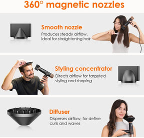 Faszin Hair Dryer, Lightweight Hairdryer with 110,000 RPM High Speed Motor for Fast Drying, 200 Million Ionic Hairdryers for Women & Men, Low Noise Hair Dryers, with 3 Magnetic Nozzle