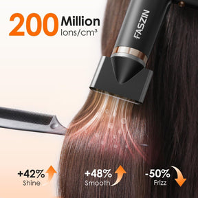 Faszin Hair Dryer, Lightweight Hair Dryer with 110,000 RPM Brushless Motor for Quick Drying, 200 Million Ion Hair Dryer, Low Noise, LED Display, 3 Magnetic Nozzles for Home, Salon (Black)