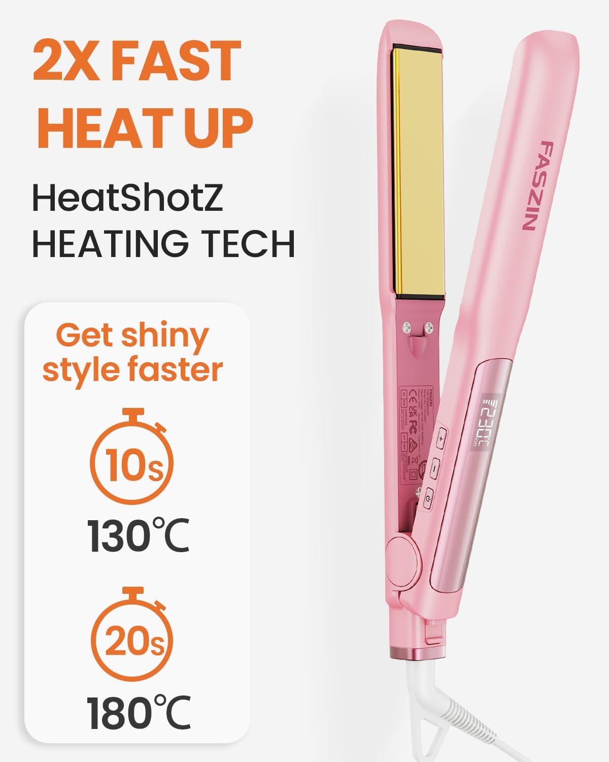Faszin Hair Straighteners, Ionic Titanium Plate for Smooth Shiny Results, 20S Fast Heat Up Flat Iron, Clear LCD Display (Pink)