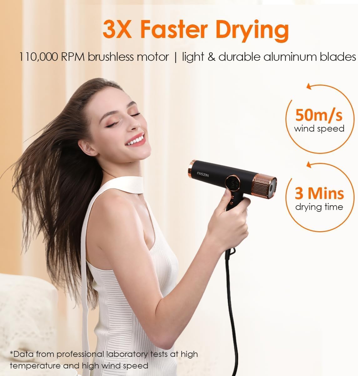 Faszin Hair Dryer, Lightweight Hair Dryer with 110,000 RPM Brushless Motor for Quick Drying, 200 Million Ion Hair Dryer, Low Noise, LED Display, 3 Magnetic Nozzles for Home, Salon (Black)