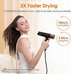 Faszin Hair Dryer, Lightweight Hair Dryer with 110,000 RPM Brushless Motor for Quick Drying, 200 Million Ion Hair Dryer, Low Noise, LED Display, 3 Magnetic Nozzles for Home, Salon (Black)