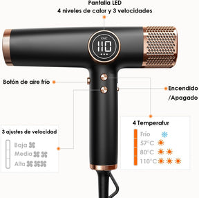 Faszin Secado Pelo Profesional, Secador Rápido Ligero,Motor 110,000 RPM, Secador Pelo Iónico de 200 Millones para Mujeres y Hombres, Secador Pelo Silencioso (Negro Azabache)