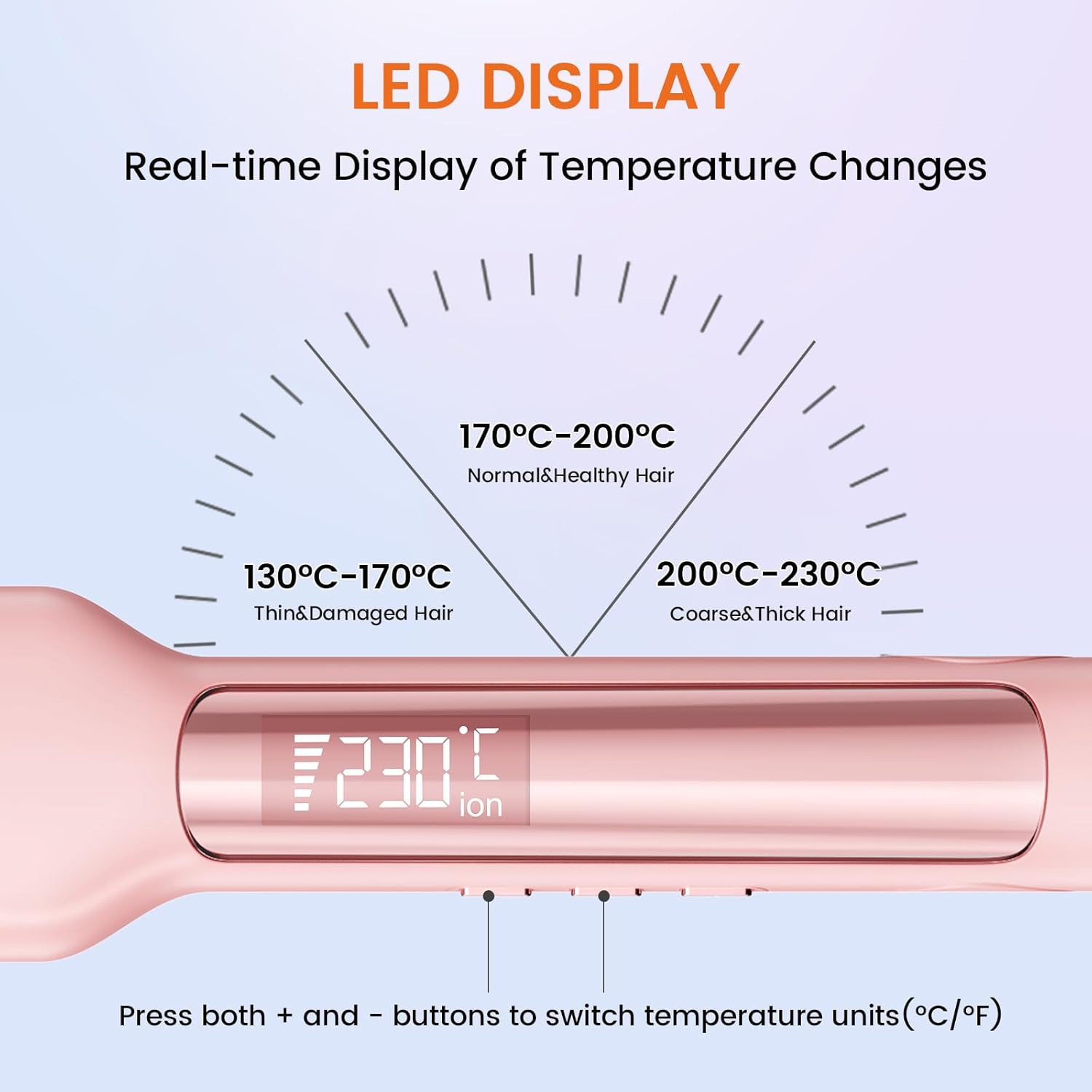Faszin Professional Hair Straightener 42 mm Wide Titanium Plates with Negative Ions, Fast Heating 30s, Temperature Display, 11 Temperature Levels (130-230 C) - Pink