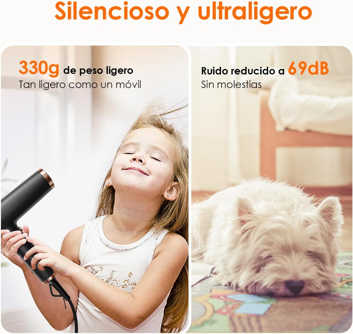 Faszin Secado Pelo Profesional, Secador Rápido Ligero,Motor 110,000 RPM, Secador Pelo Iónico de 200 Millones para Mujeres y Hombres, Secador Pelo Silencioso (Negro Azabache)