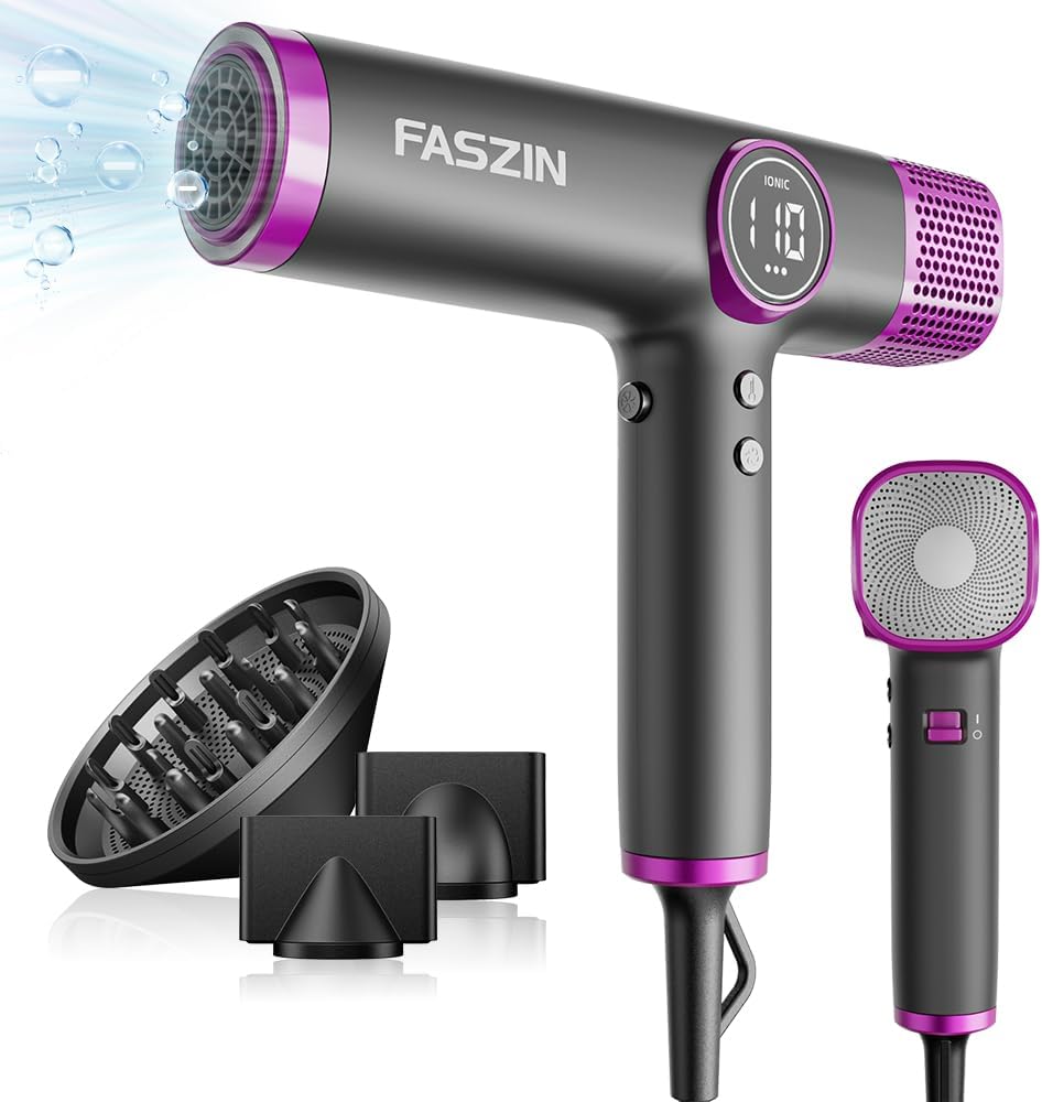 Faszin Hair Dryer, Lightweight Hairdryer with 110,000 RPM High Speed Motor for Fast Drying, 200 Million Ionic Hairdryers for Women & Men, Low Noise Hair Dryers, with 3 Magnetic Nozzle (Gray)