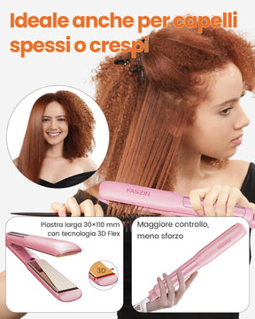 Faszin Piastra Capelli Professionale 2-In-1, Piastre Ioniche di Titanio, Riscaldamento In Soli 20 Secondi, Display LCD Chiaro, Ideale Per Capelli Lisci, Ricci e Mossi, Rosa