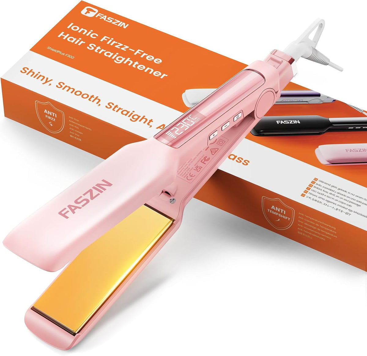 Faszin Professional Hair Straightener 42 mm Wide Titanium Plates with Negative Ions, Fast Heating 30s, Temperature Display, 11 Temperature Levels (130-230 C) - Pink