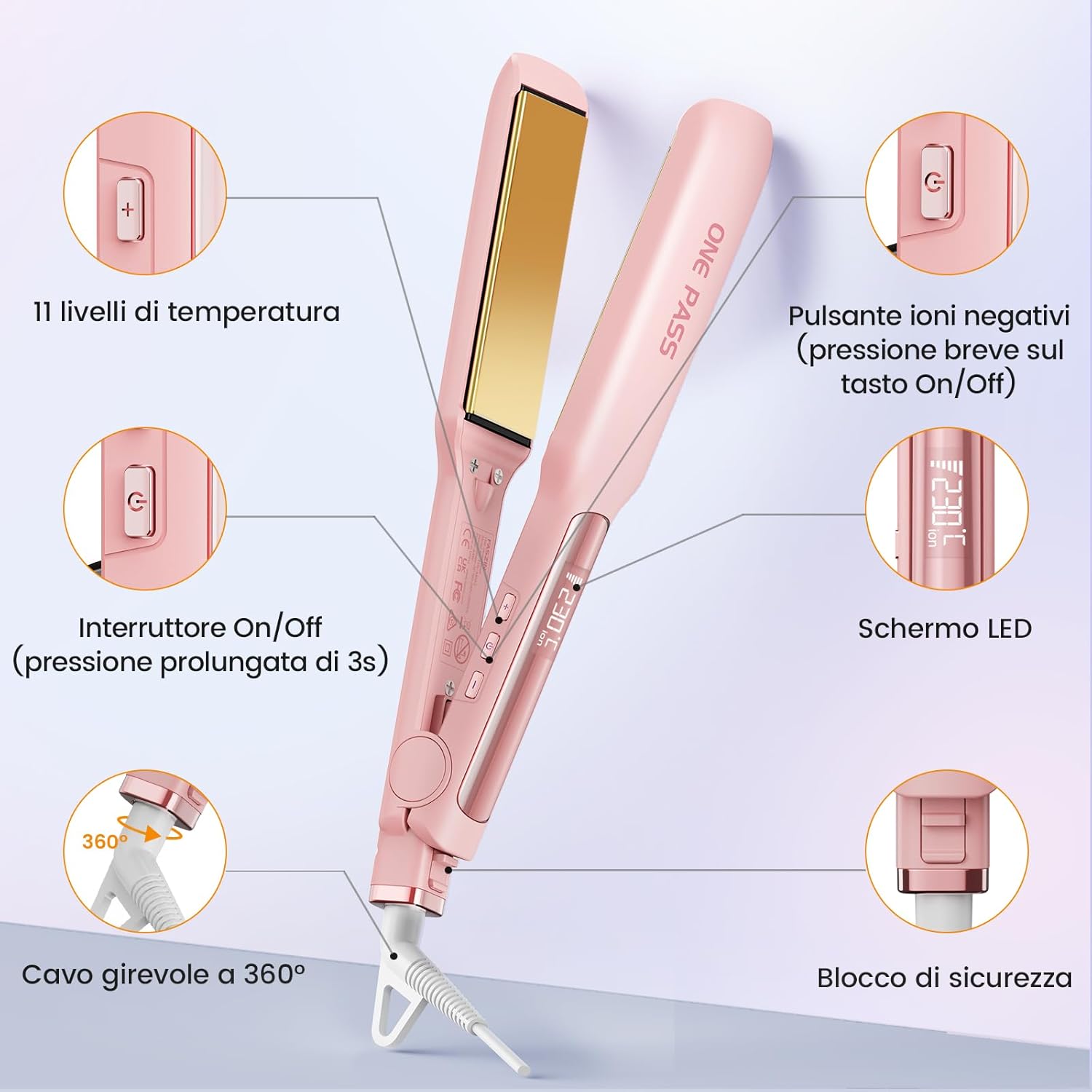 Piastra per Capelli Professionale Faszin, Piastre in Titanio Larghe 42mm con Ioni Negativi, Riscaldamento Rapido 30s, Display Temperatura, 11 Livelli di Temperatura (130-230℃) - Rosa