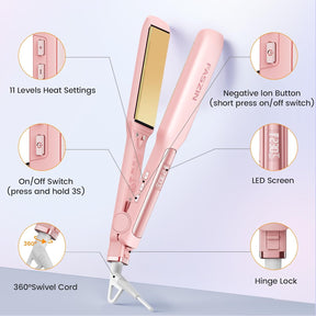 Faszin Professional Hair Straightener 42 mm Wide Titanium Plates with Negative Ions, Fast Heating 30s, Temperature Display, 11 Temperature Levels (130-230 C) - Pink