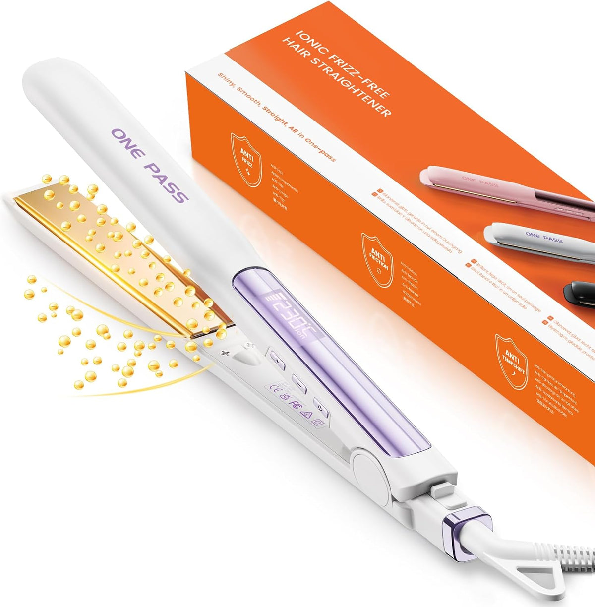 Faszin Professional 2-in-1 Hair Straightener, Titanium Ion Plates, Heating in Just 20 Seconds, Clear LCD Display, Ideal for Straight, Curly and Wavy Hair (White)