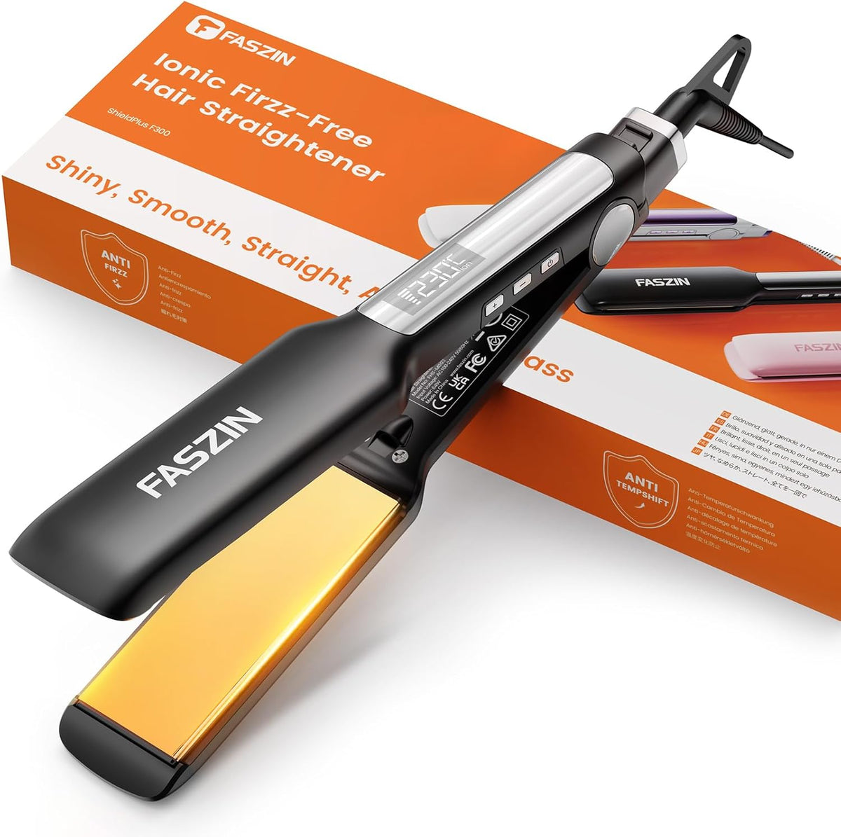 Faszin Professional Hair Straightener, Titanium Plates 42 mm Wide with Negative Ions, Fast Heating 30s, Temperature Display, 11 Temperature Levels (130-230 °C) – Black
