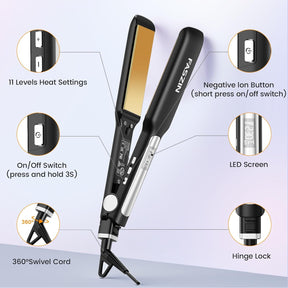 Faszin Professional Hair Straightener, Titanium Plates 42 mm Wide with Negative Ions, Fast Heating 30s, Temperature Display, 11 Temperature Levels (130-230 °C) – Black