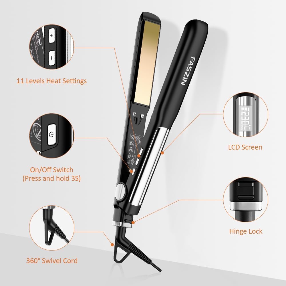 Faszin Piastra Capelli Professionale 2-In-1, Piastre Ioniche di Titanio, Riscaldamento In Soli 20 Secondi, Display LCD Chiaro, Ideale Per Capelli Lisci, Ricci e Mossi (nero profondo)