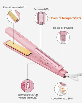 Faszin Piastra Capelli Professionale 2-In-1, Piastre Ioniche di Titanio, Riscaldamento In Soli 20 Secondi, Display LCD Chiaro, Ideale Per Capelli Lisci, Ricci e Mossi, Rosa