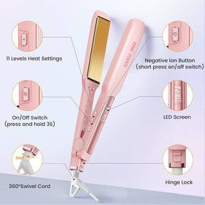 Faszin Professional Hair Straighteners, 42mm Wide Plate Titanium Negative Ion Flat Iron, 30s Rapid Heating, 11 Adjustable Temperature Levels (130-230℃), Real-time Temperature Display-Pink
