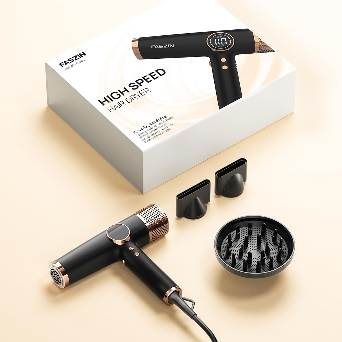 Faszin Professional Hair Dryer – Lightweight Hairdryer with Diffuser, Low Noise, 200 Million Ionic, 110,000 RPM High-Speed Motor for Women & Men, Home or Travel
